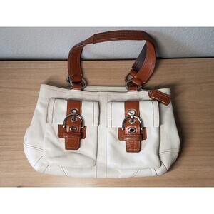 COACH SOHO SATCHEL TOTE BAG WHITE LEATHER BROWN ACCENTS 2FRONT POCKETS F06468